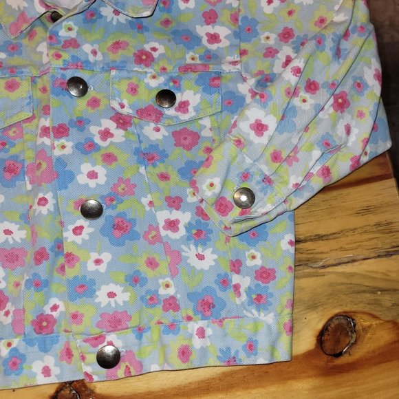 Baby A GoGo Girls Size 3T Kids Denim Jean Jacket Pastel Floral Snap front Collar - Picture 4 of 6